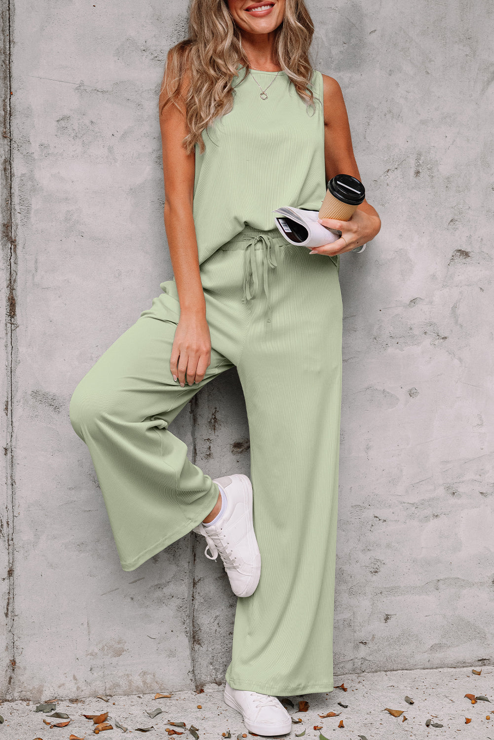 Smoke Green Tank Top and High Waist Pants Set