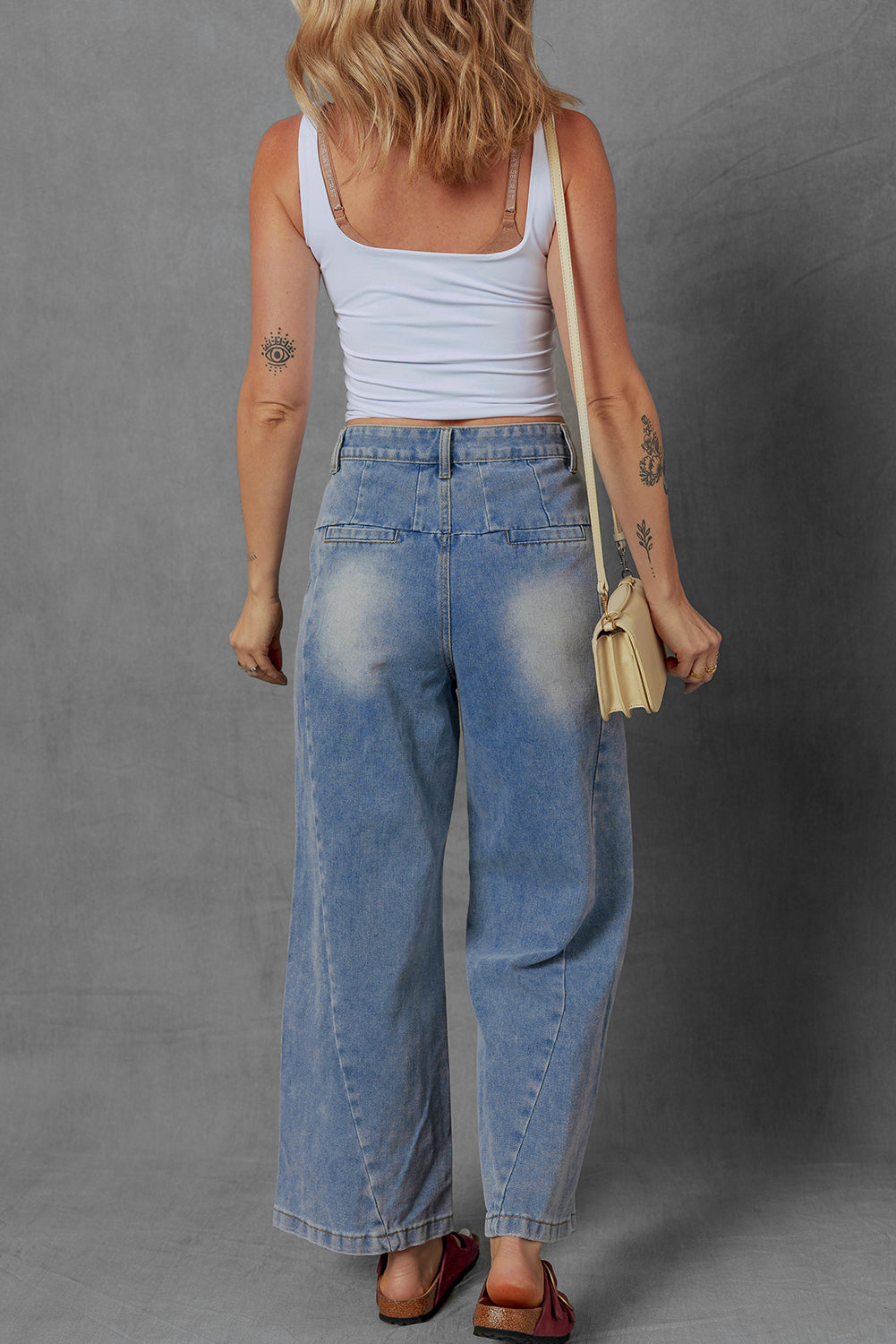Blue Washed Pleated Wide Leg Jeans