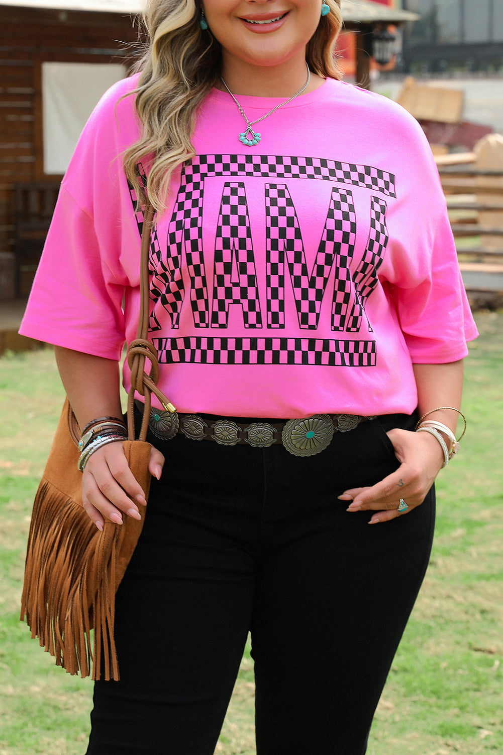 Bright Pink Checker MAMA Shirt