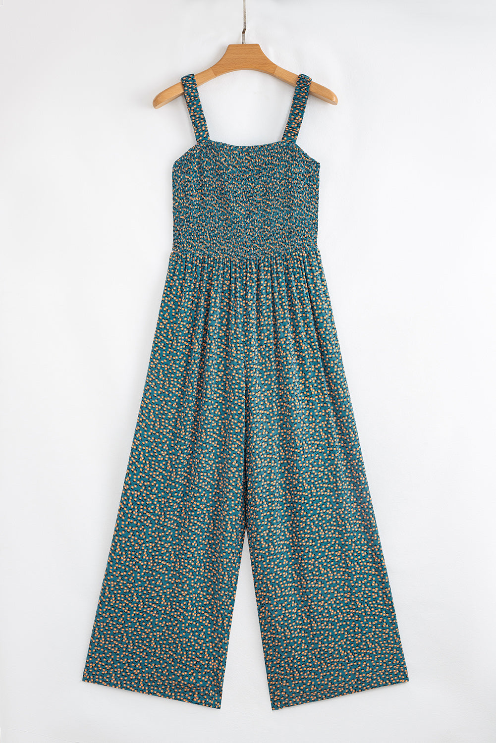 Green Floral Print Smocked Jumpsuit