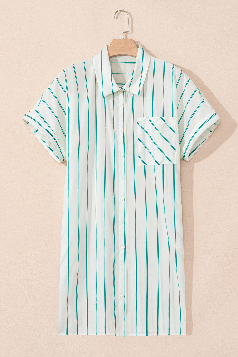 Green Stripe Buttoned Shirt Dress