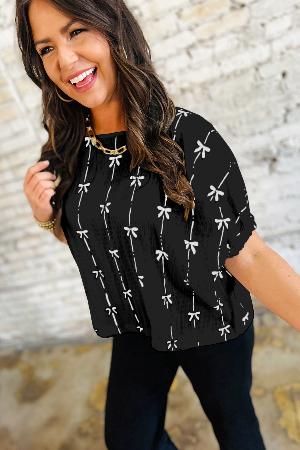 Black Bow Print Top