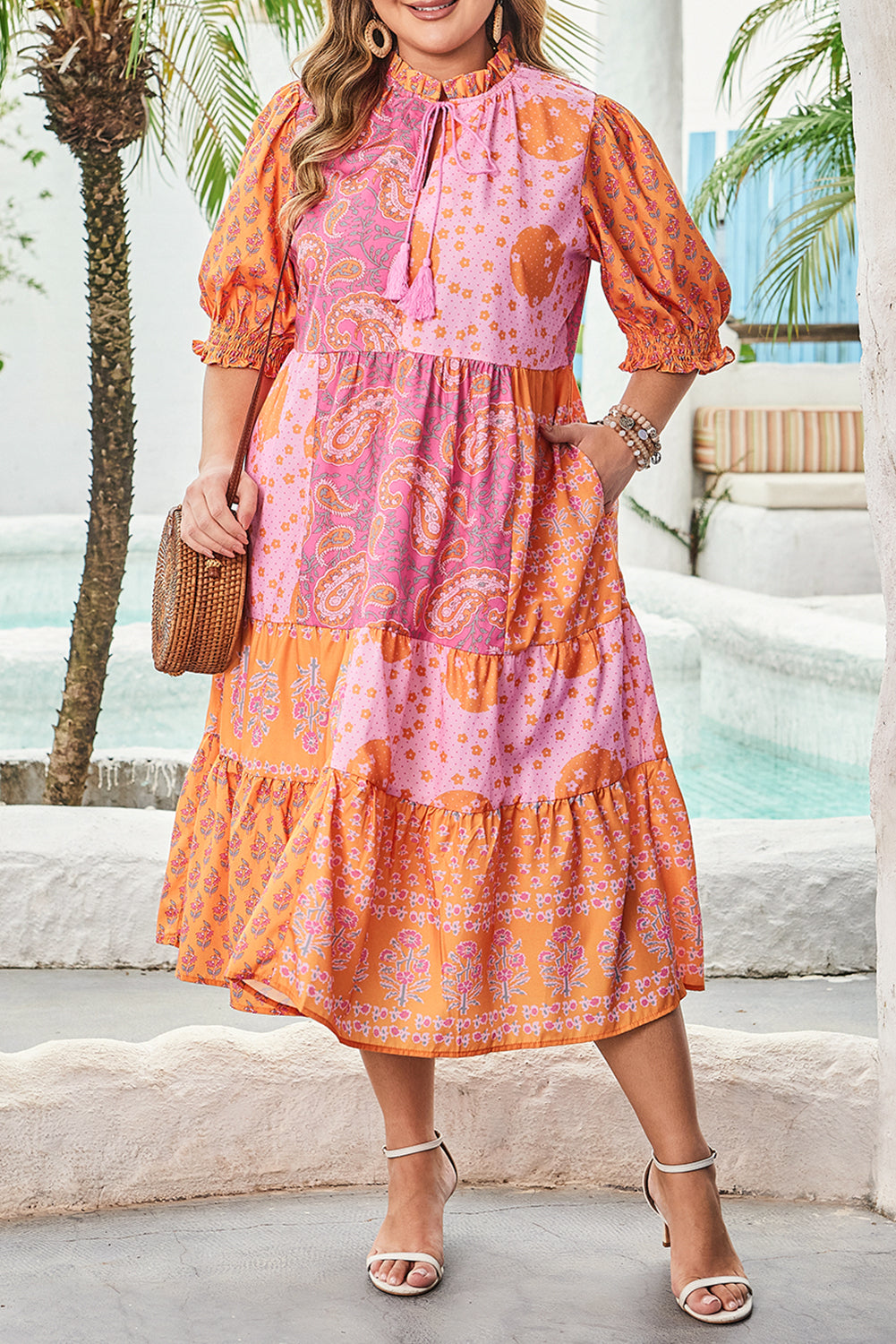 Pink Boho Paisley Floral Midi Dress