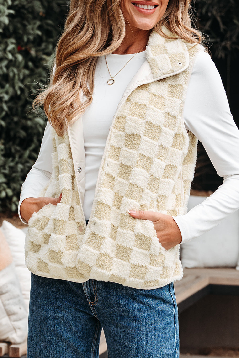 Khaki Sherpa Vest Jacket With Pocket
