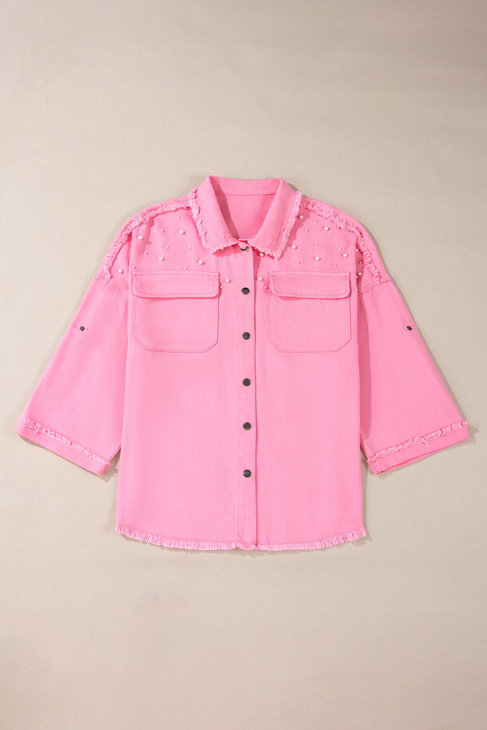 Pearl Beaded Button Up Denim Jacket