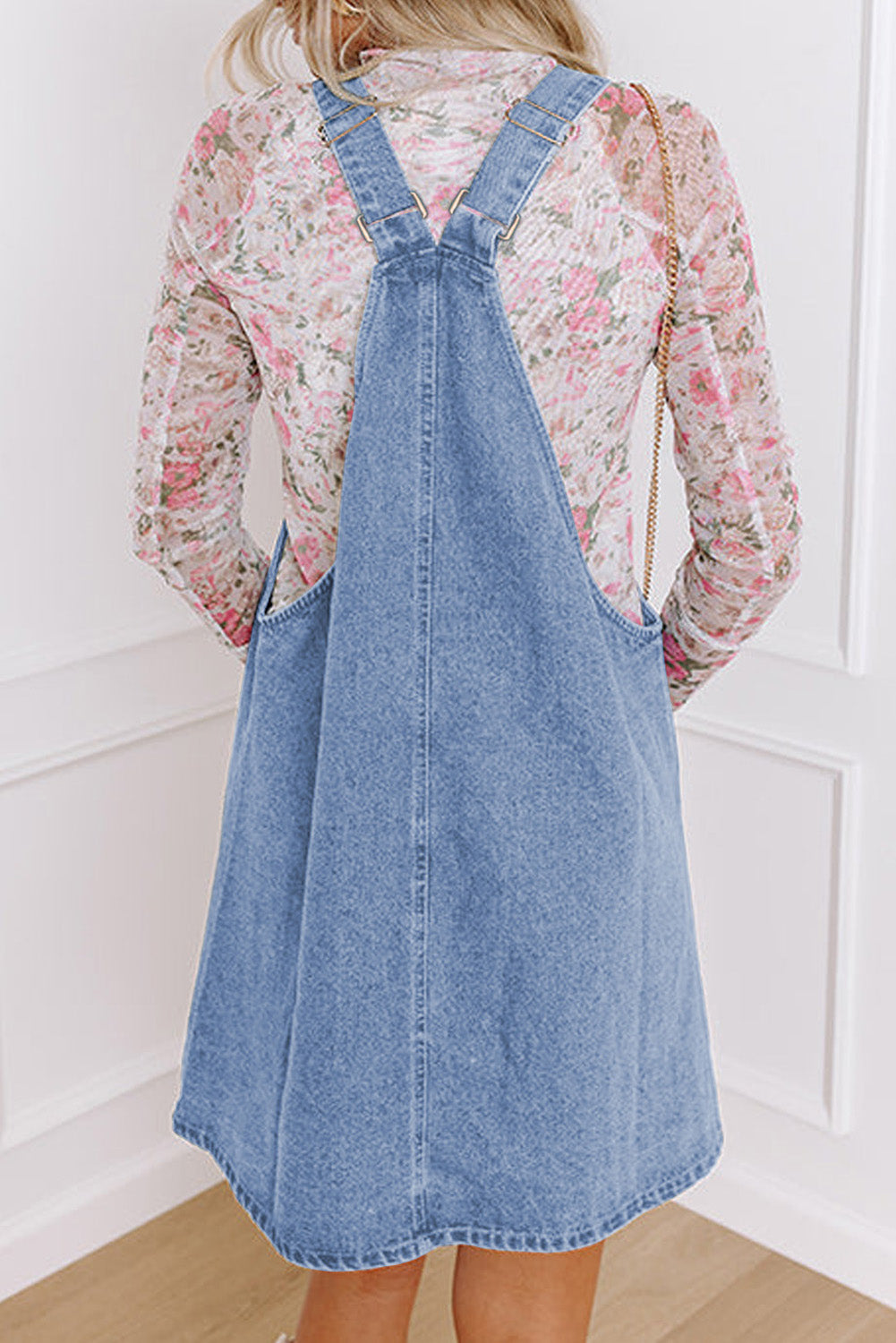 Blue Wide Strap Button Front Pocketed Denim Mini Dress