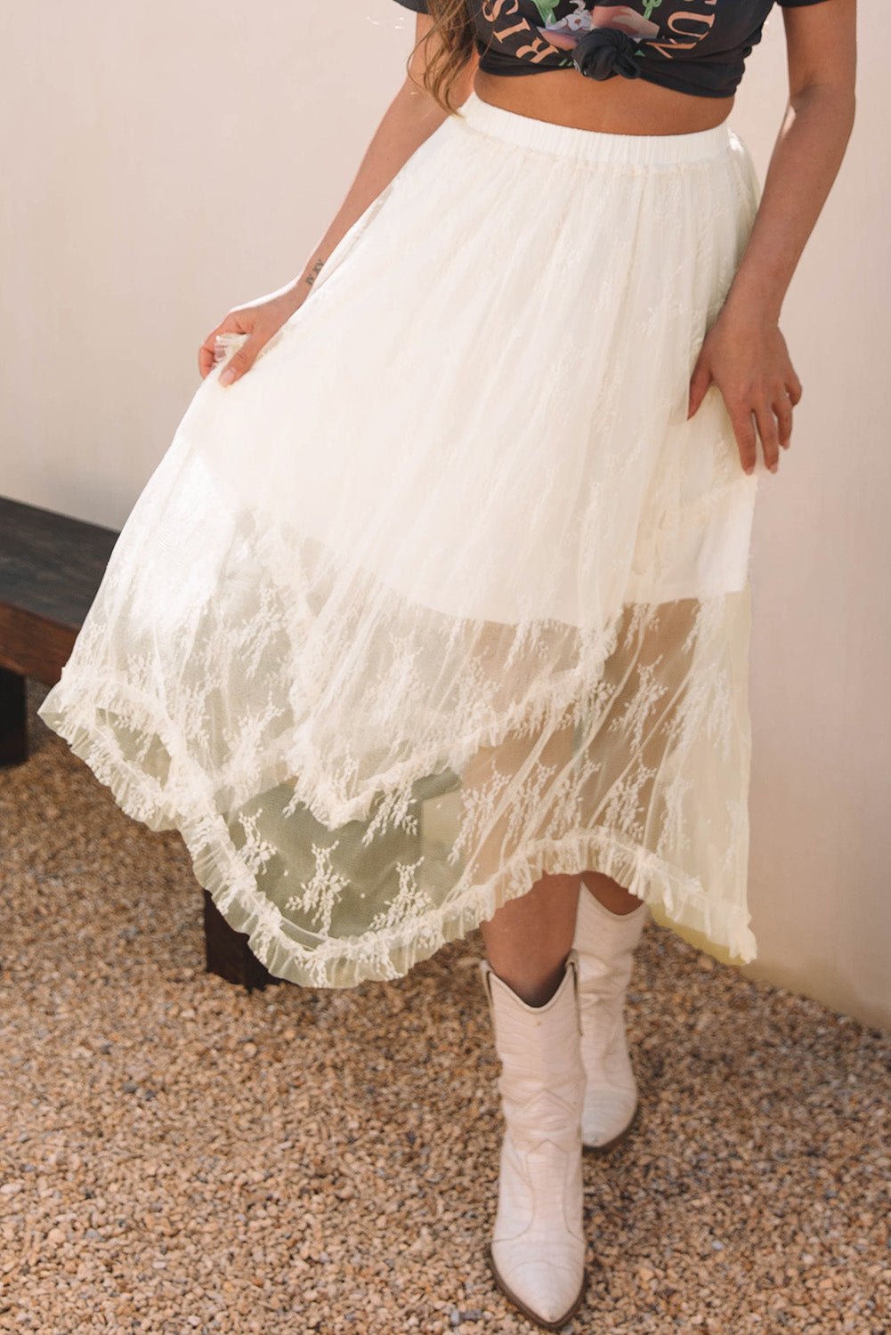 Beige Lace High Waist Maxi Skirt