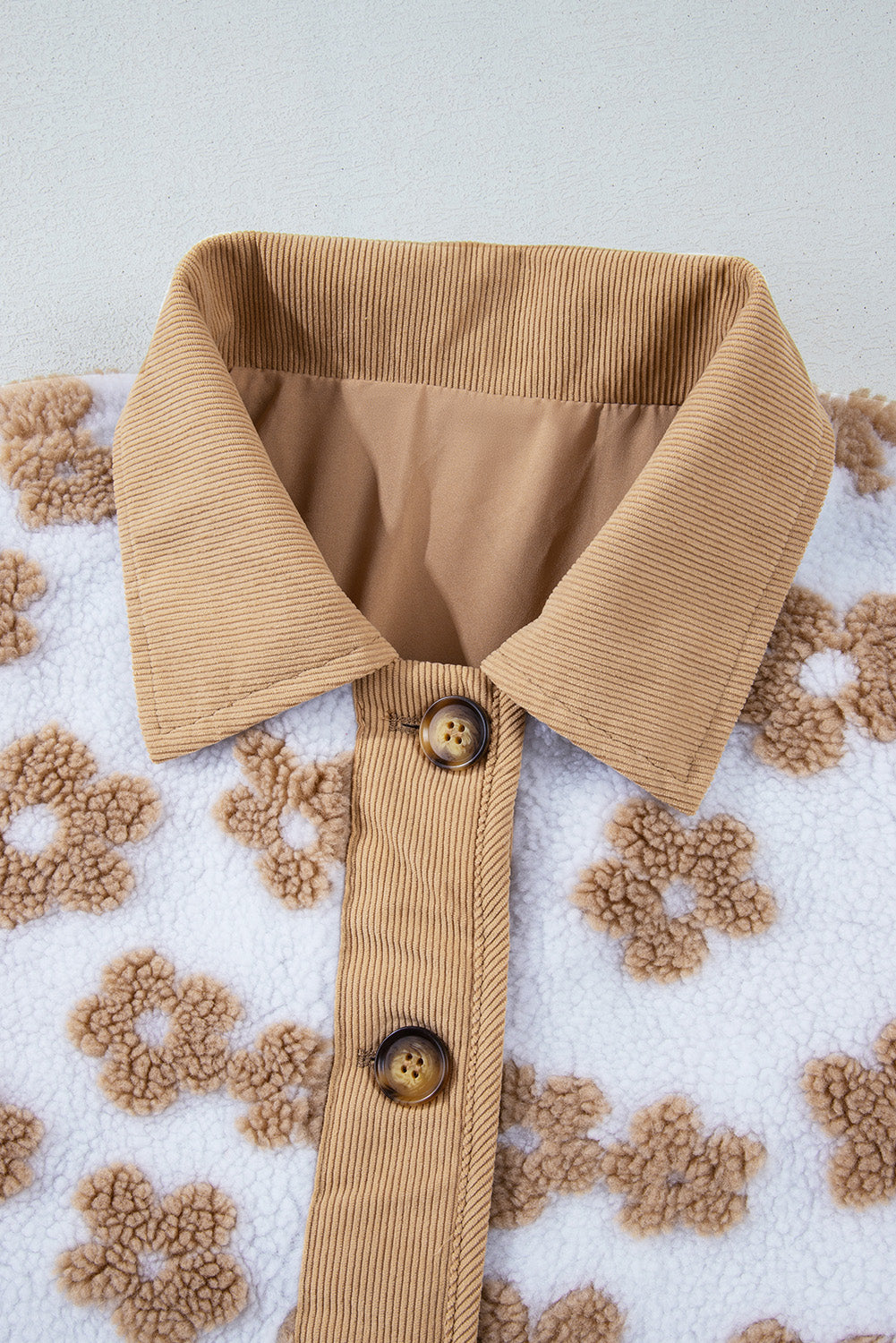 Beige Flower Button Up Fleece Jacket