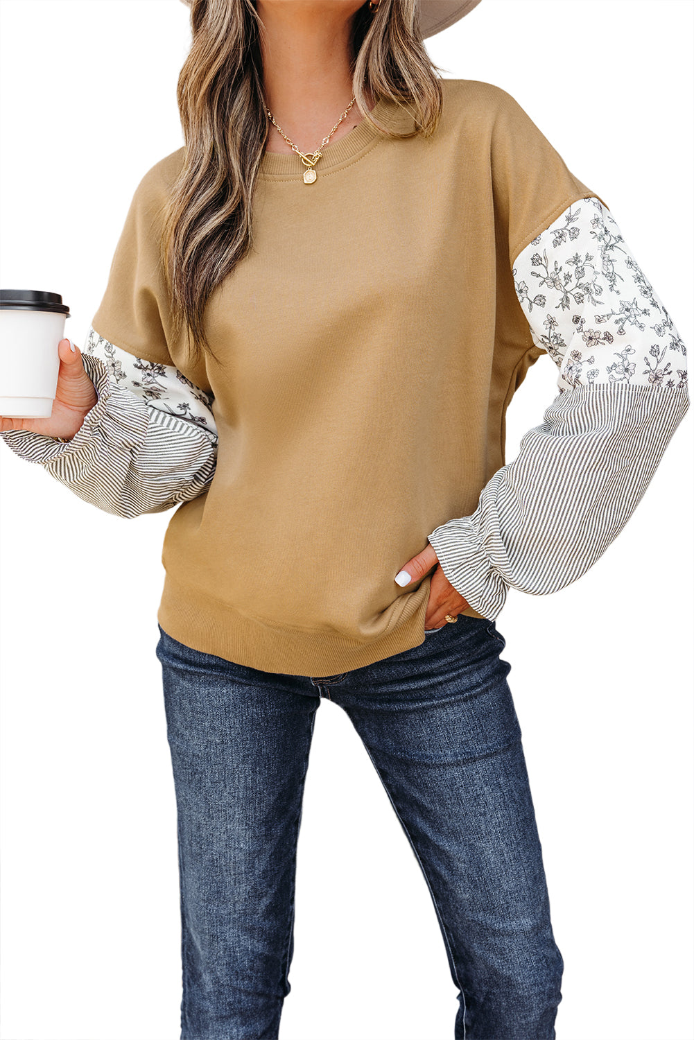 Camel Floral Crew Neck Sweatshirt