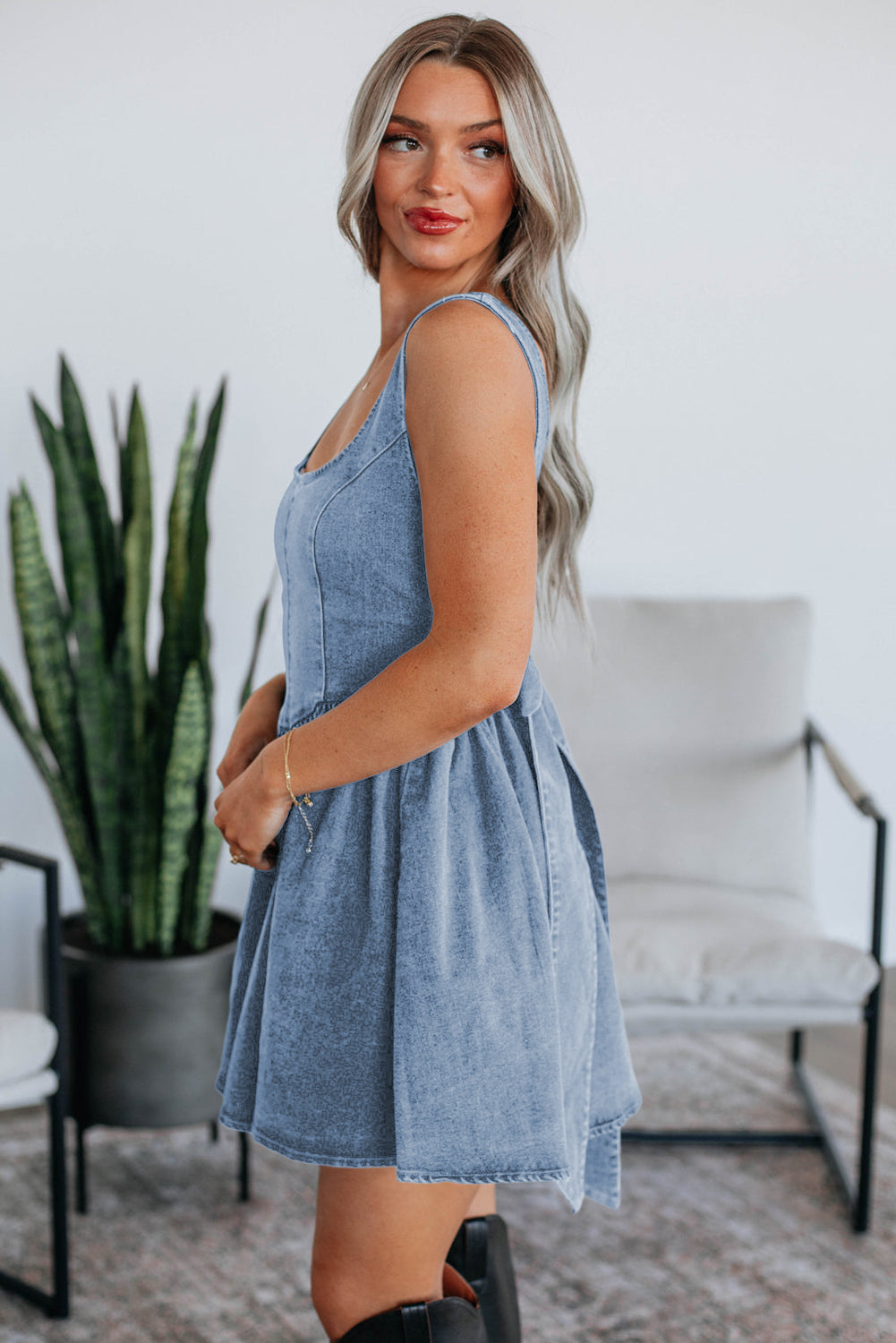 Square Bowknot Denim Dress