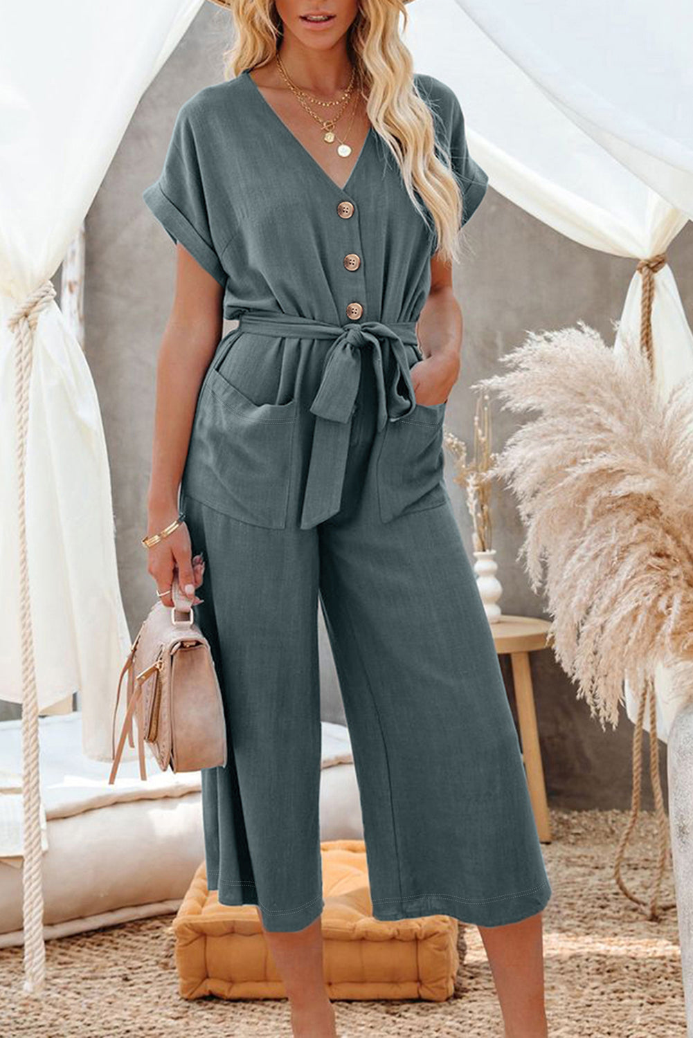 Blue Wide Leg Pocketed Jumpsuit