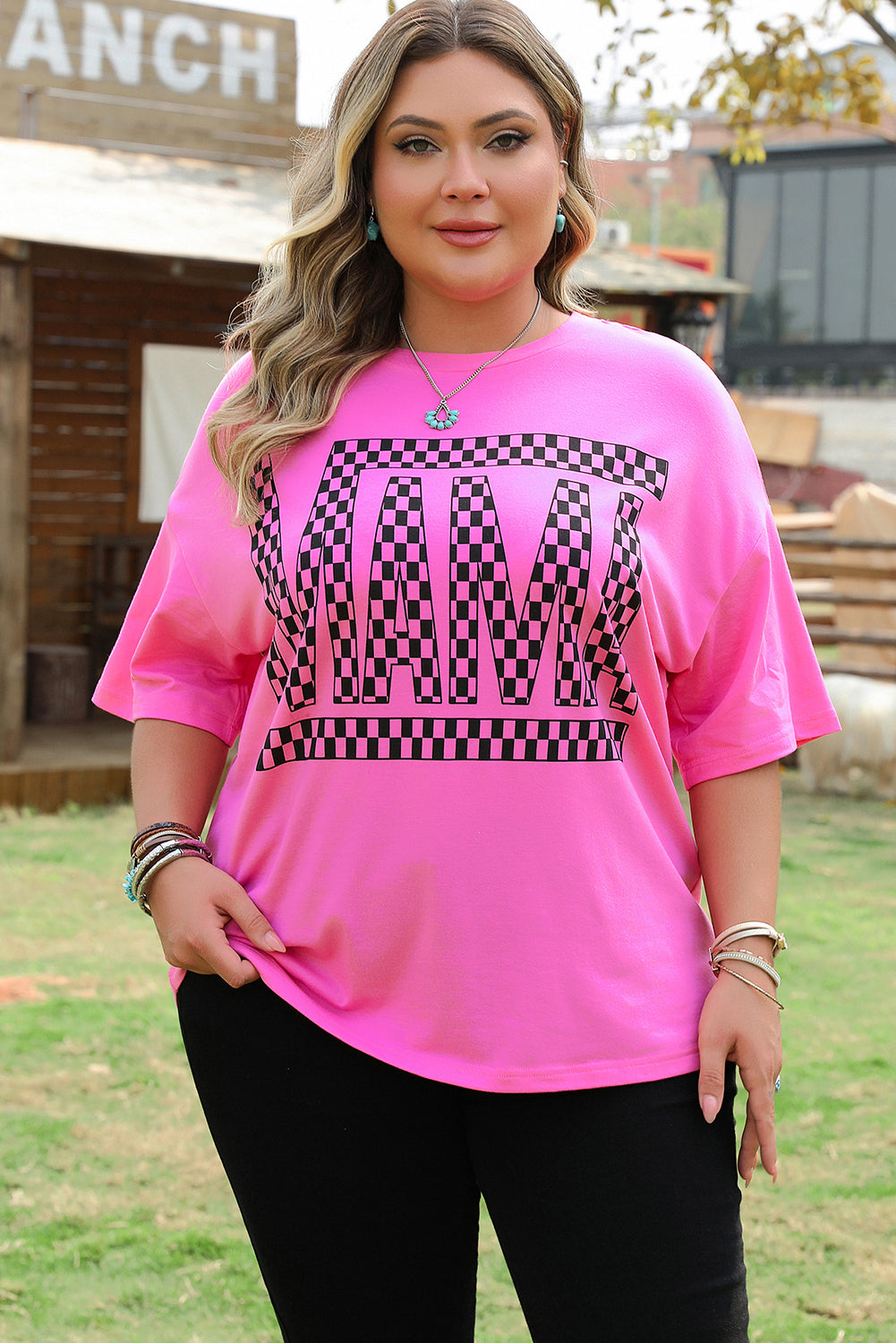 Bright Pink Checker MAMA Shirt