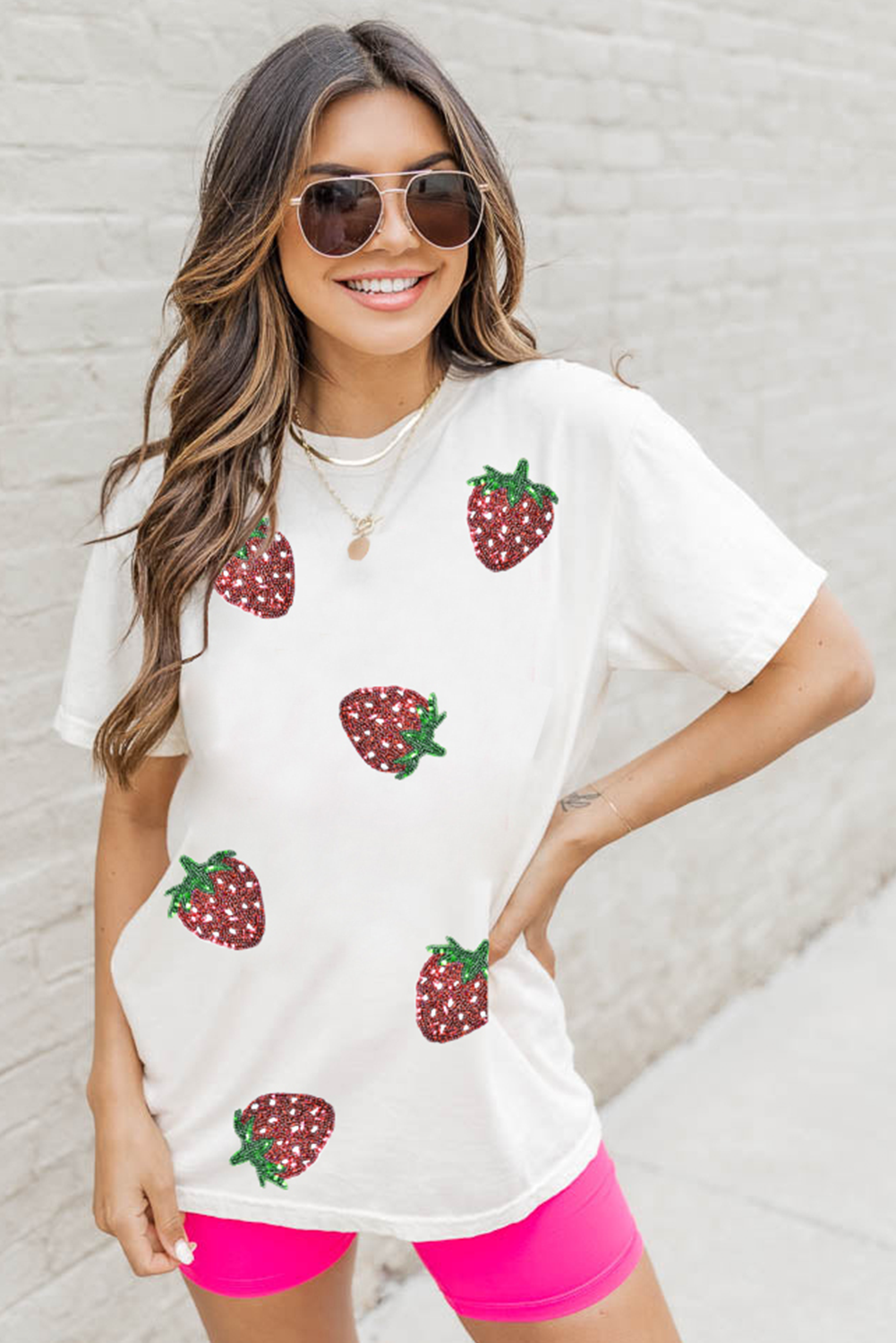 White Sequin Strawberry Tee