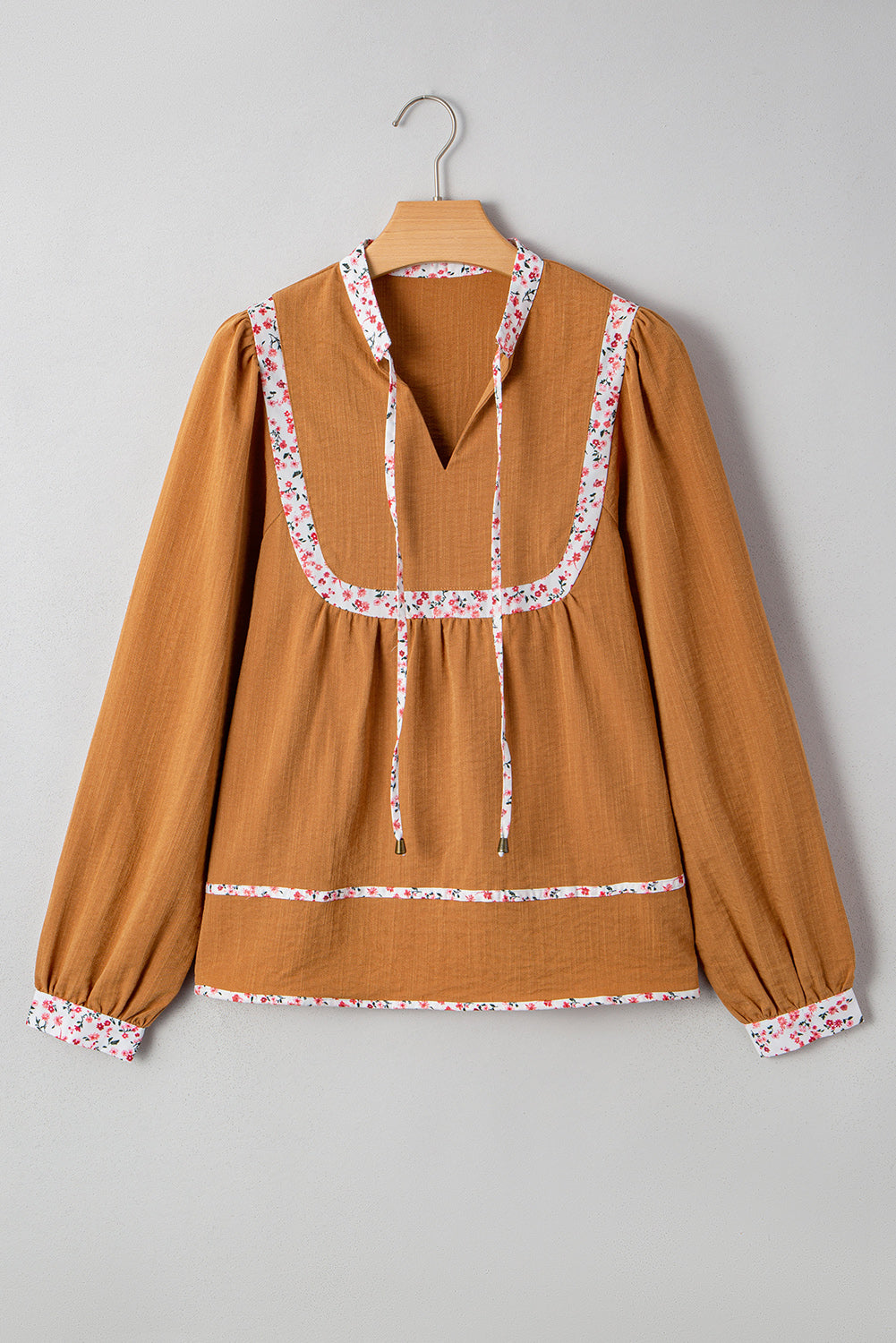 Pleated Floral Trim Puff Sleeve Blouse