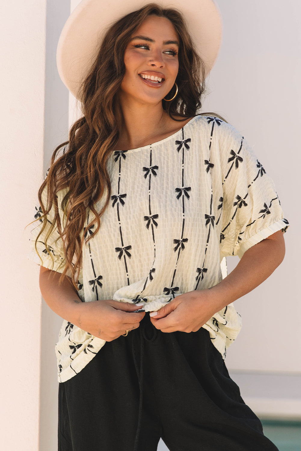 Beige Bow Print Top