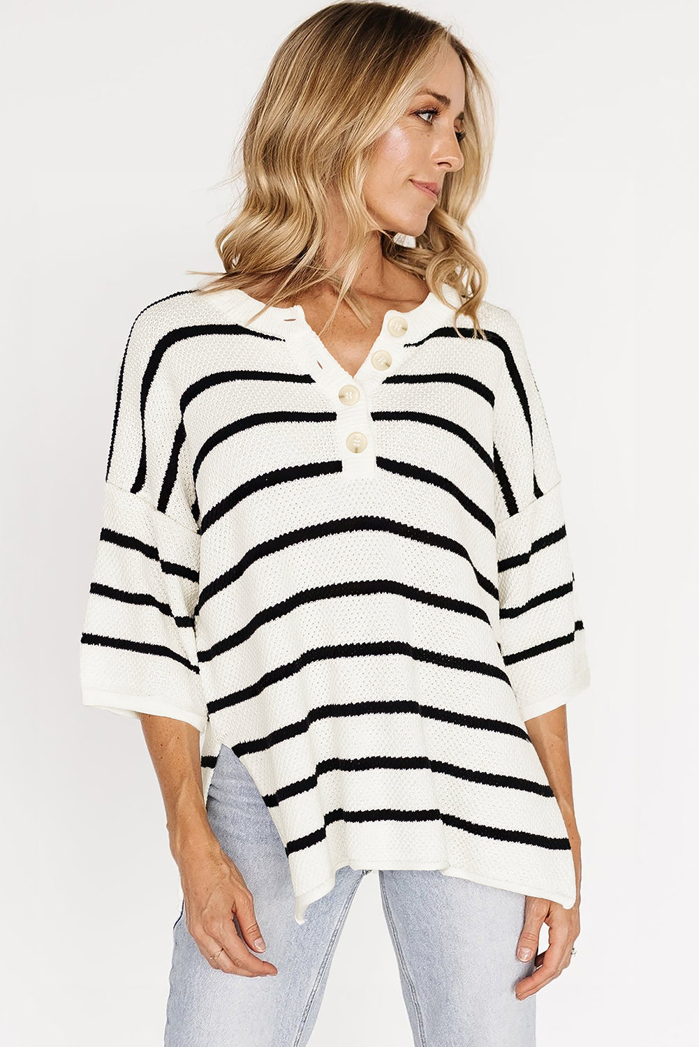 White Stripe Henley Sweater Tee