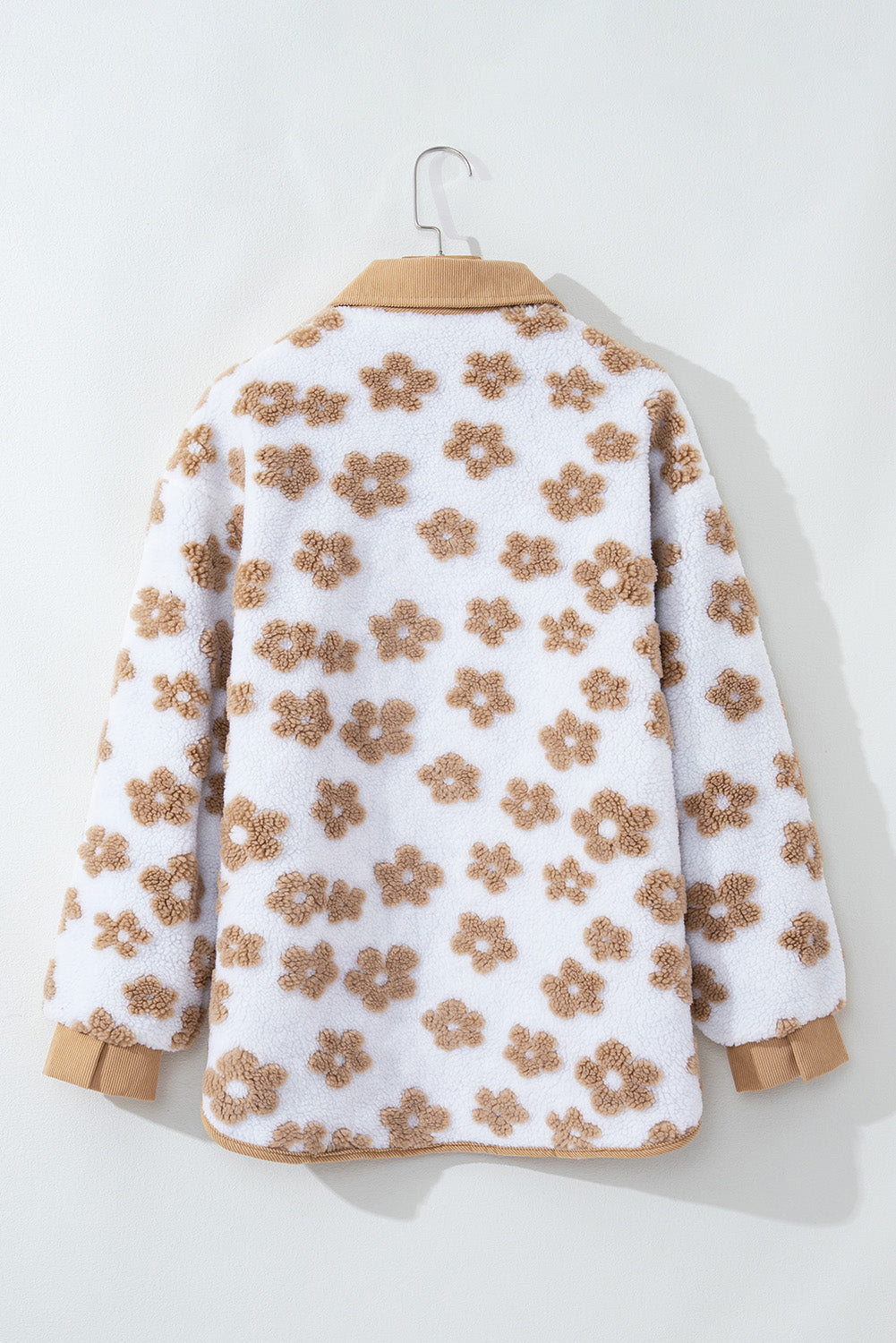 Beige Flower Button Up Fleece Jacket