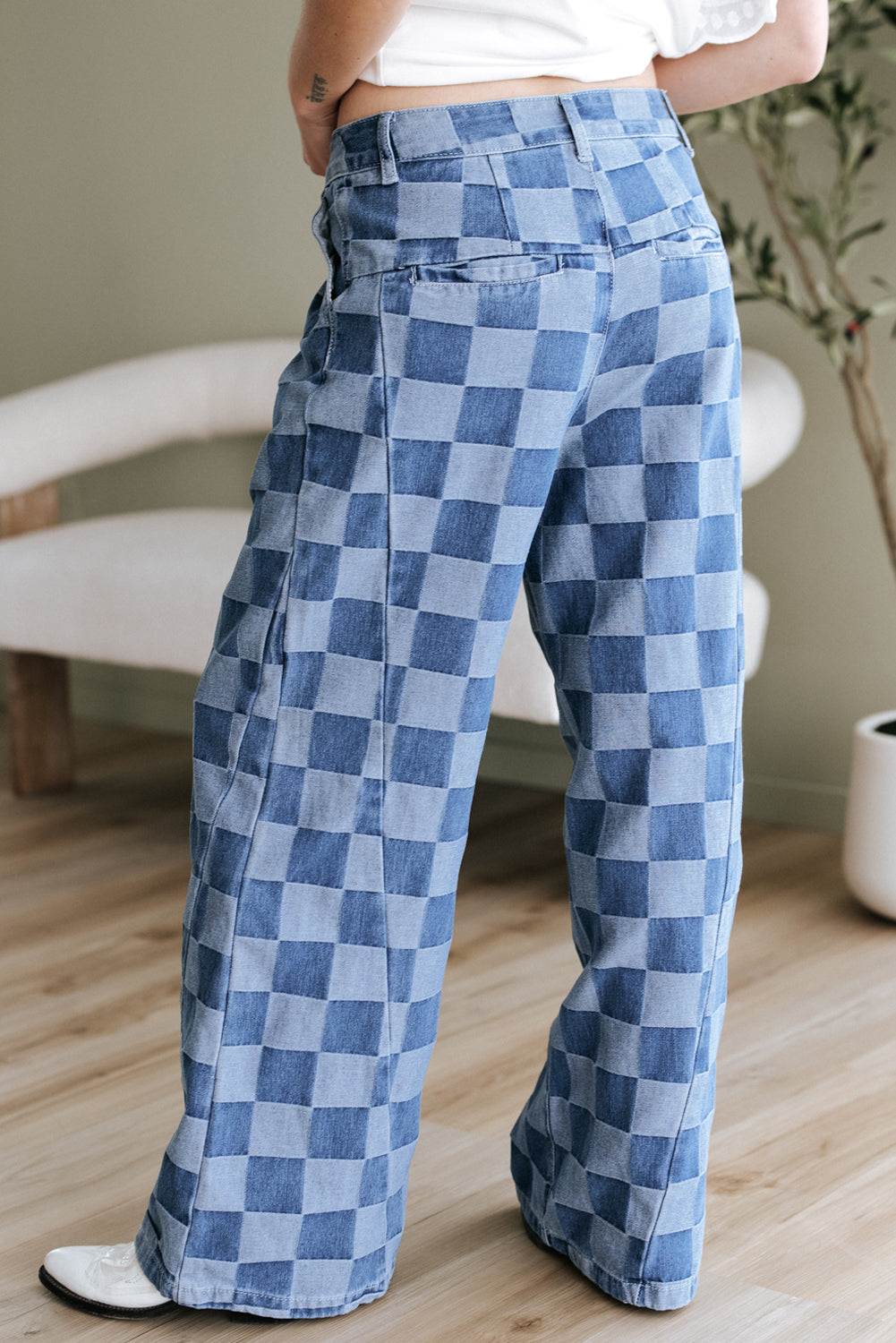 Checkered Denim Wide Leg Jeans