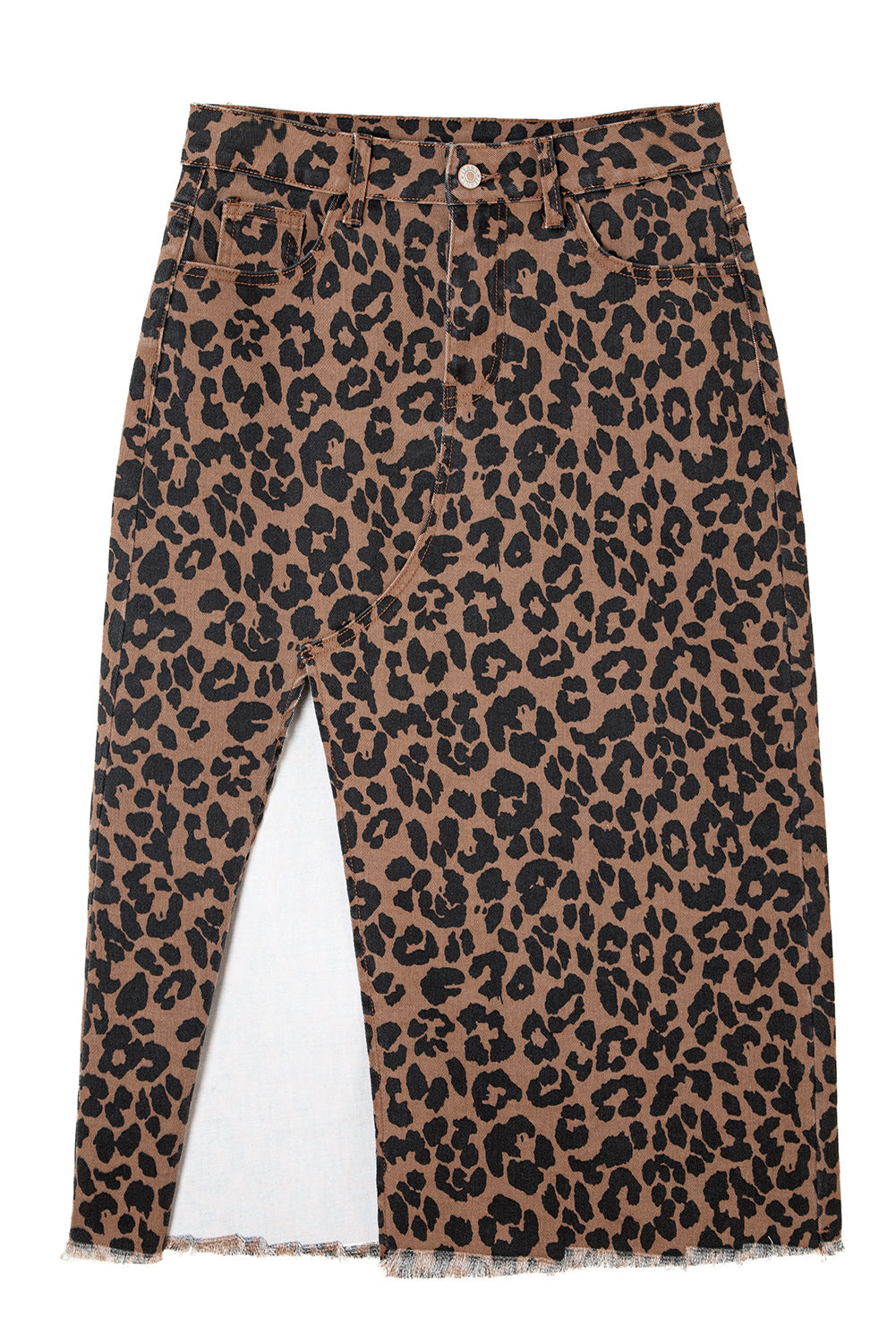 Brown Leopard Denim Midi Skirt