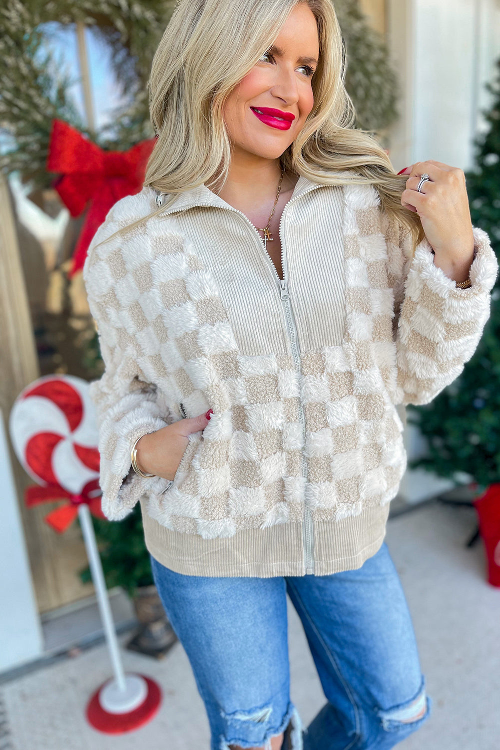 Khaki Checker Sherpa Jacket