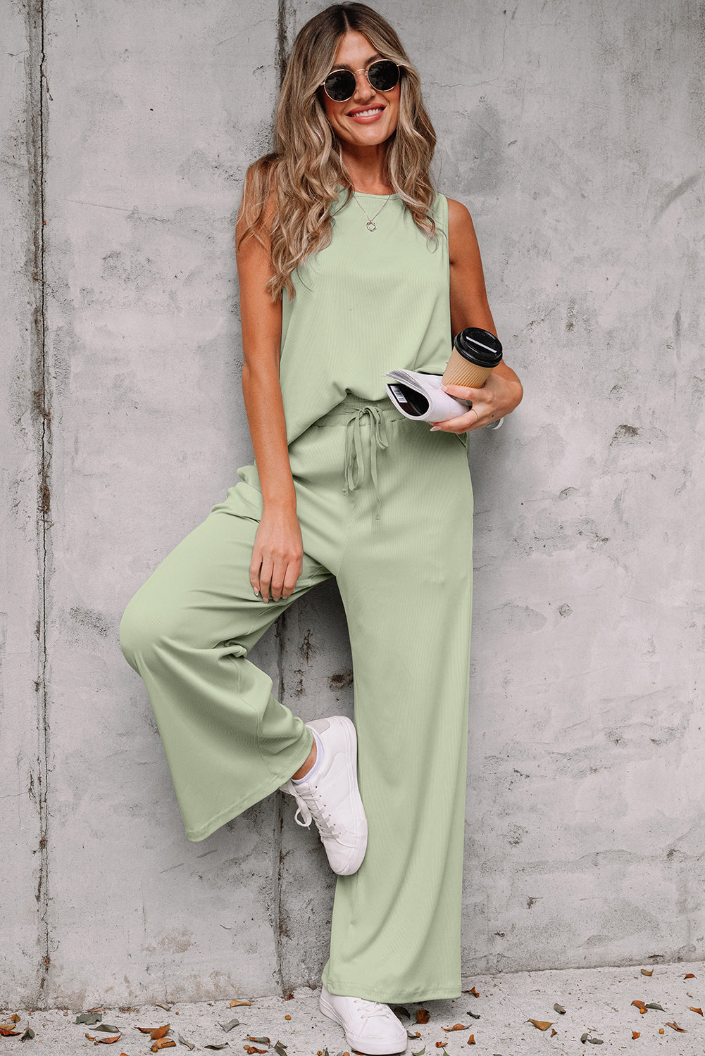 Smoke Green Tank Top and High Waist Pants Set