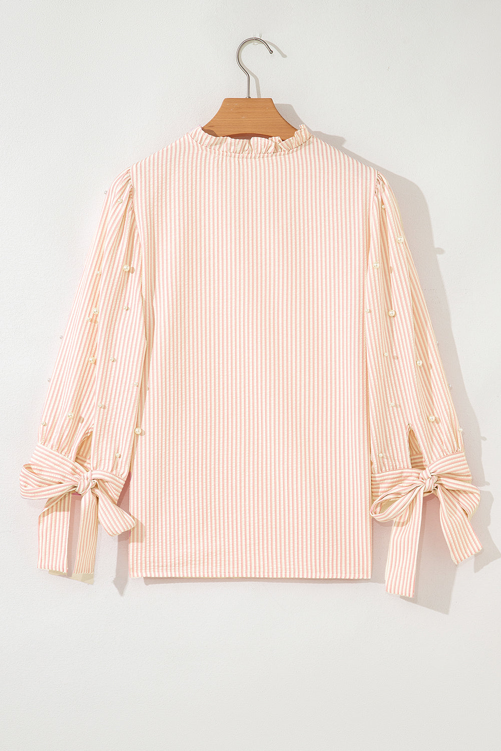 Pink Stripe Pearl Puff Sleeve Blouse