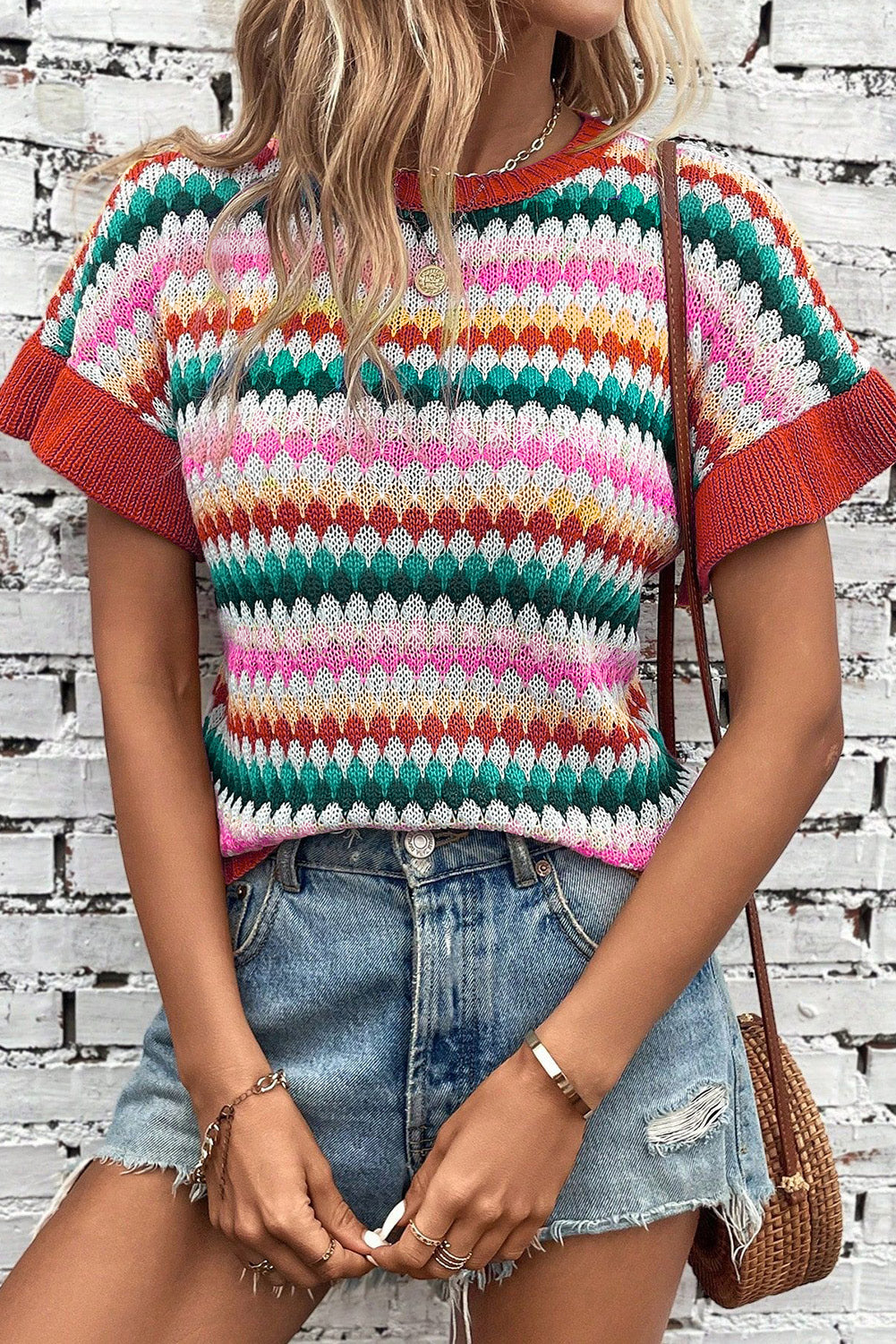 Trimmed Colorful Textured Sweater Top