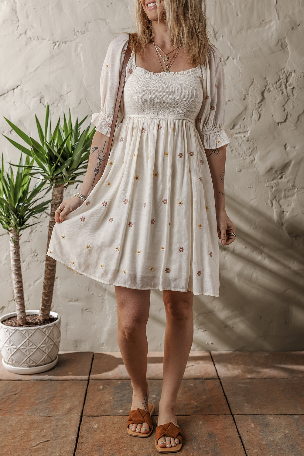 Beige Embroidered Flower Flowy Dress