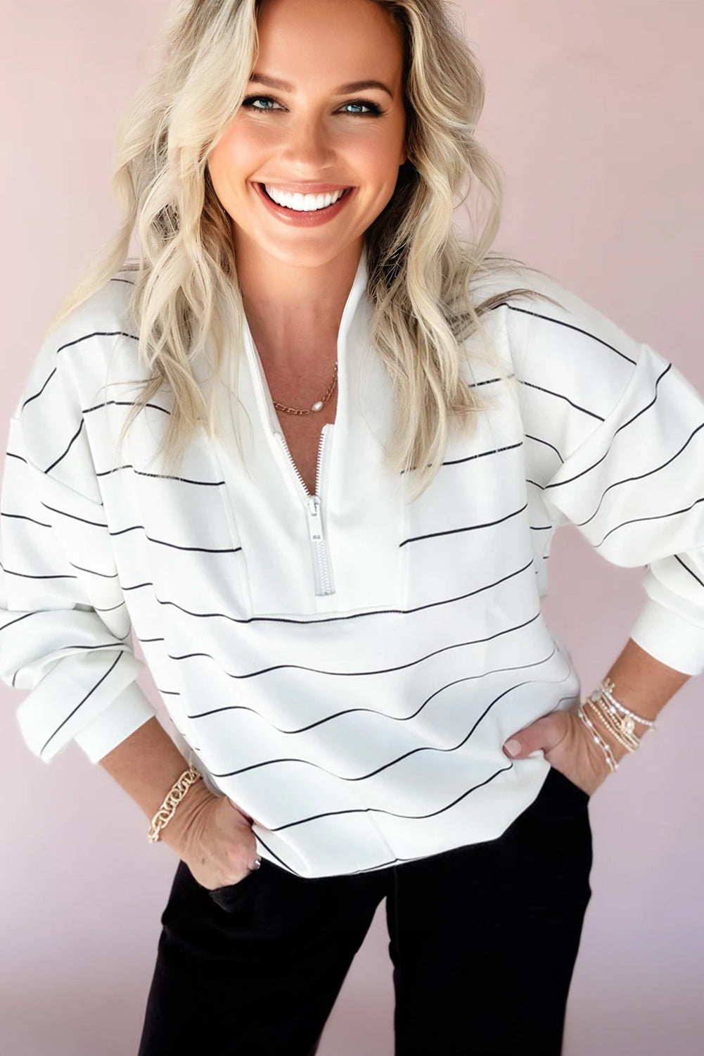 White Zip Long Sleeve Top
