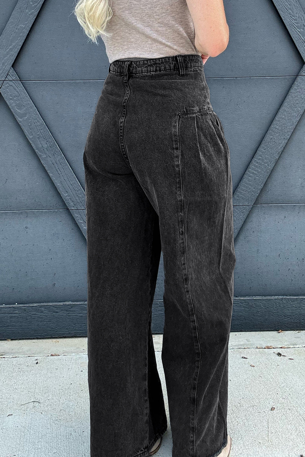 Dark Grey Pleated Wide Leg Denim Pants