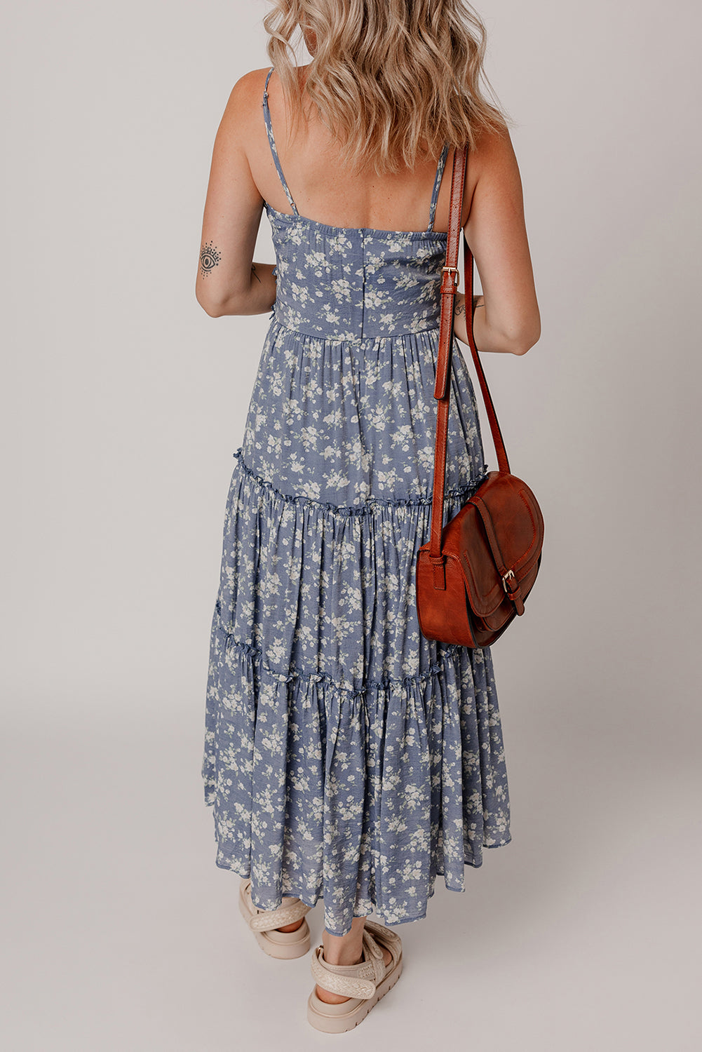 Blue Floral Spaghetti Strap Midi Dress