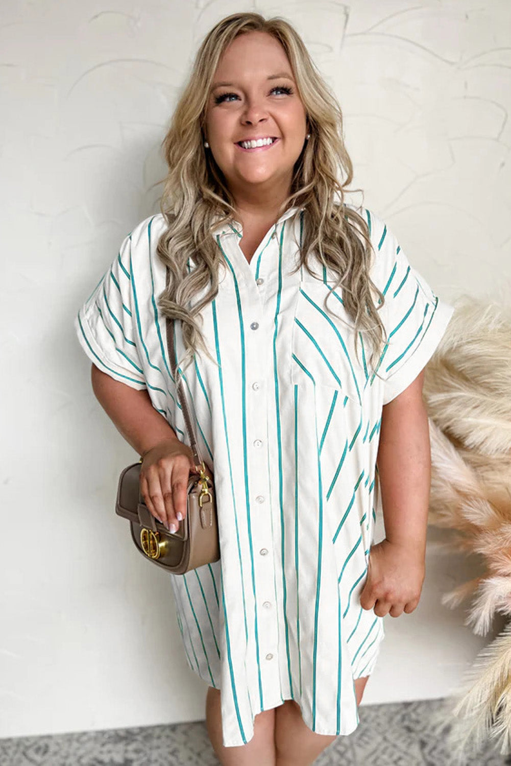 Green Stripe Buttoned Shirt Dress