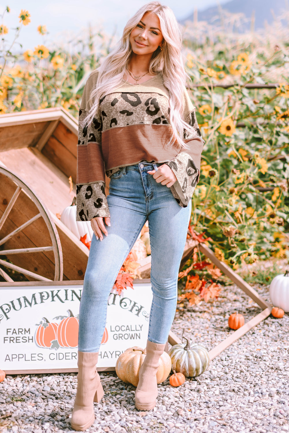Leopard Colorblock Loose Sleeve Knit Top