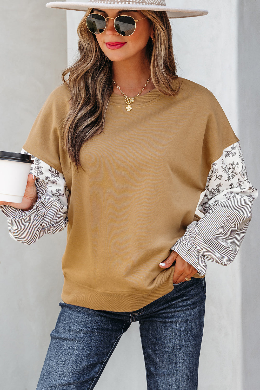 Camel Floral Crew Neck Sweatshirt