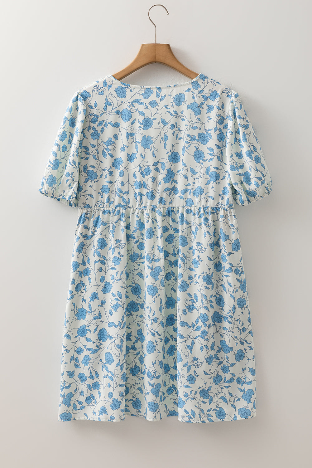 Sky Blue Floral Bow Puff Sleeve Mini Dress