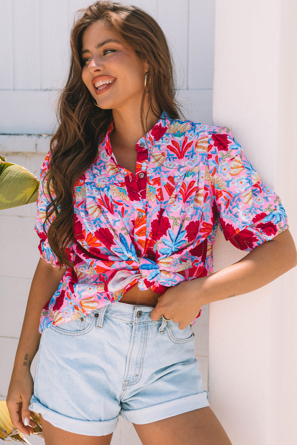 Pink Floral Print Pleated Shirt