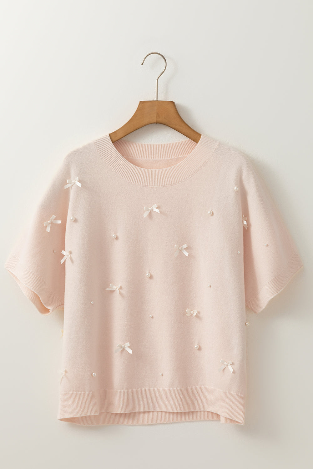 Oatmeal Pearl Bow Short Sleeve Sweater