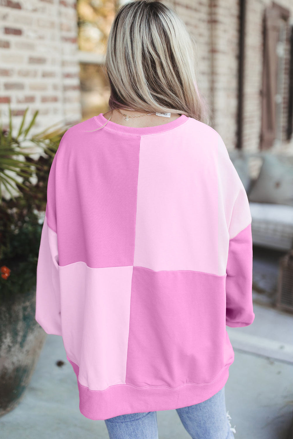 Pink Colorblock Henley Oversize Sweatshirt