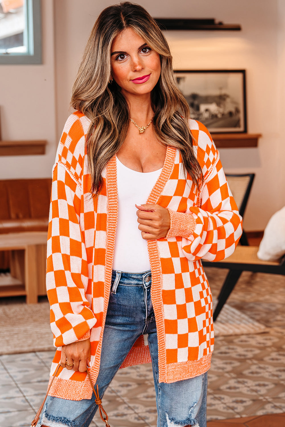 Orange Checkered Cardigan