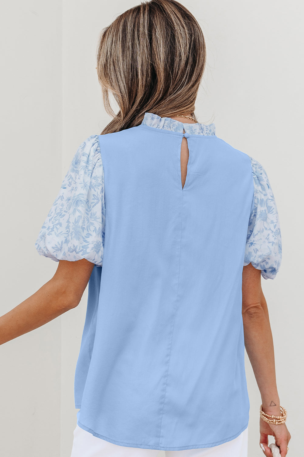 Blue Lace Floral Puff Blouse