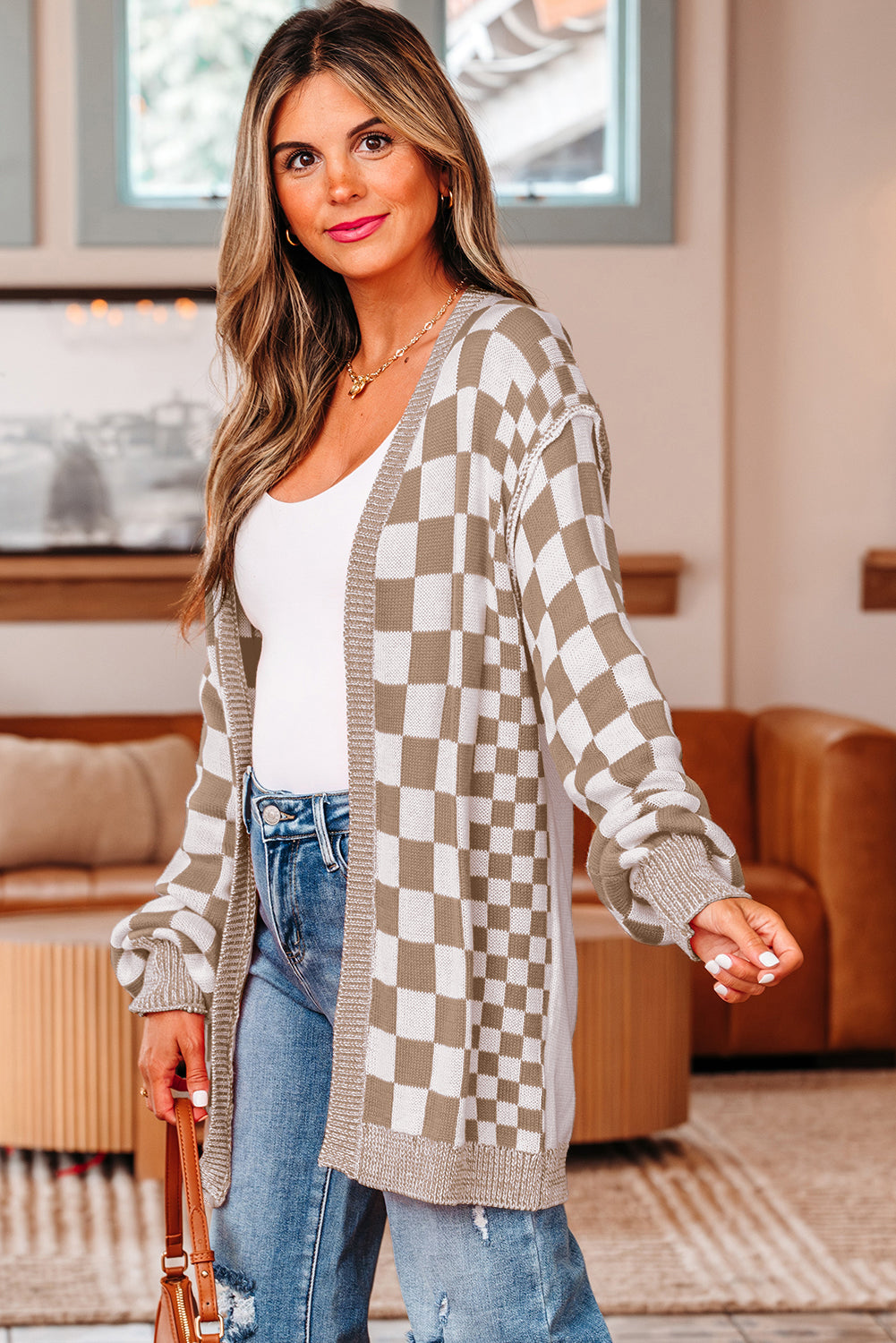 Brown Checkered Cardigan