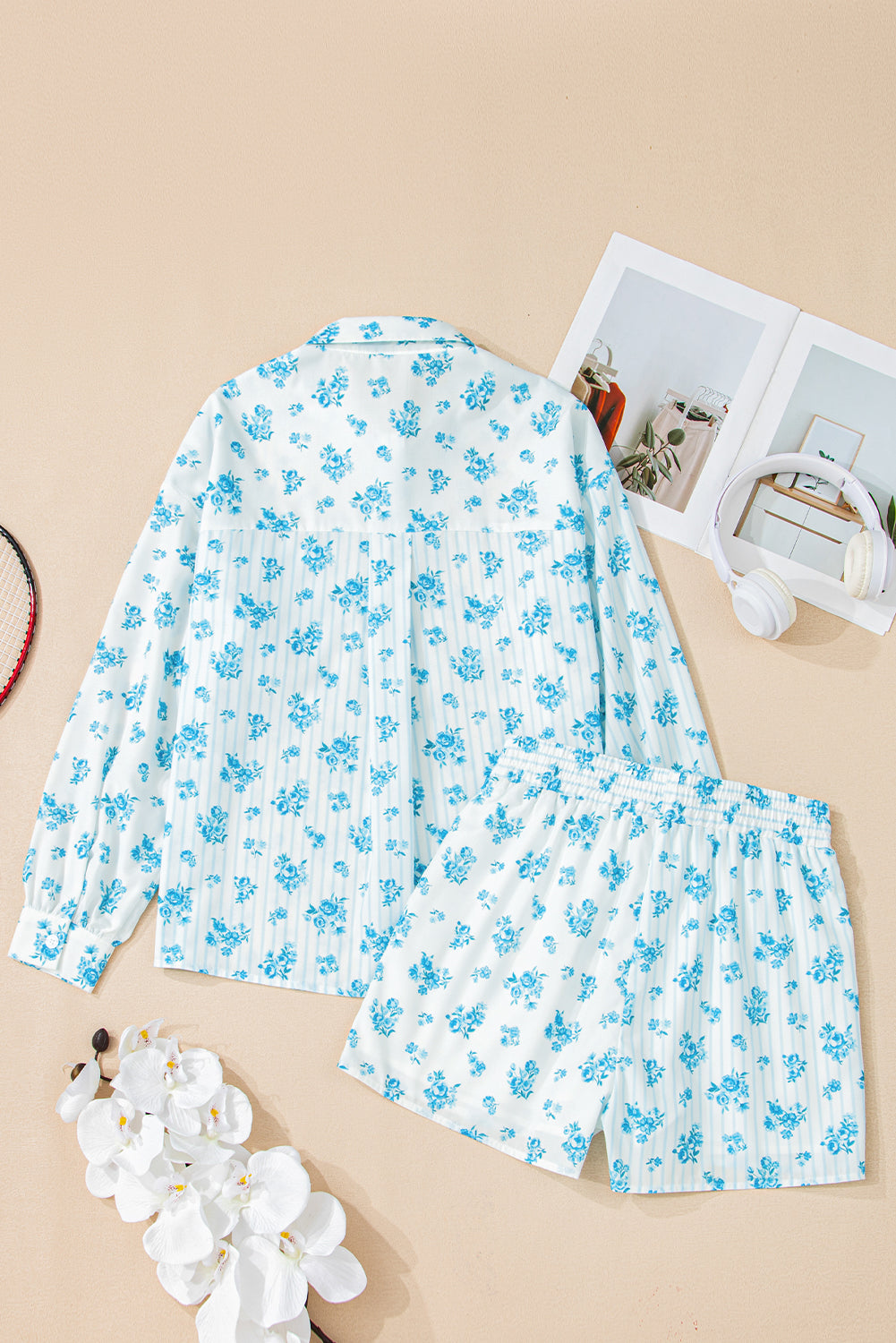 Sky Blue Floral Shirt and Shorts Set