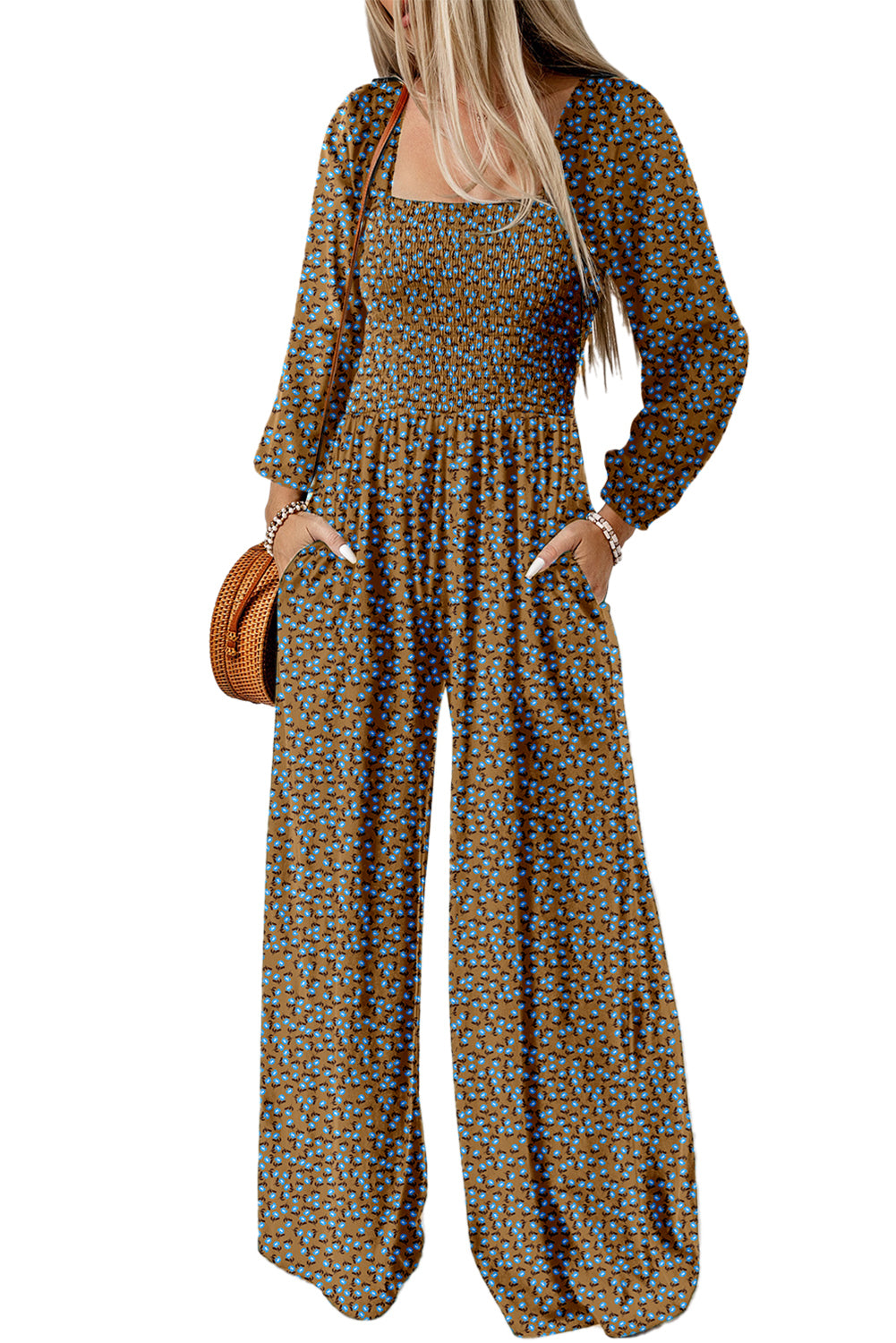 Brown Floral Print Smocked Jumpsuit