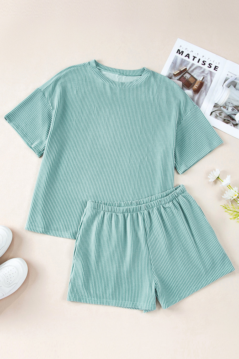 Blue Ribbed Tee and Shorts Set
