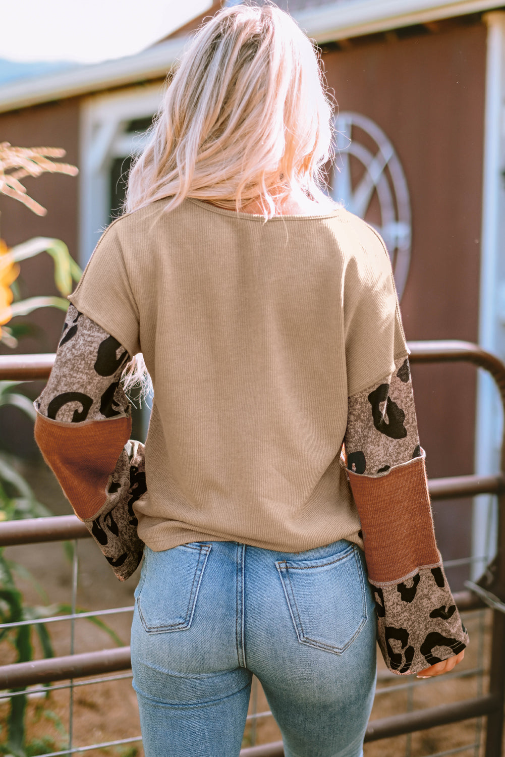 Leopard Colorblock Loose Sleeve Knit Top