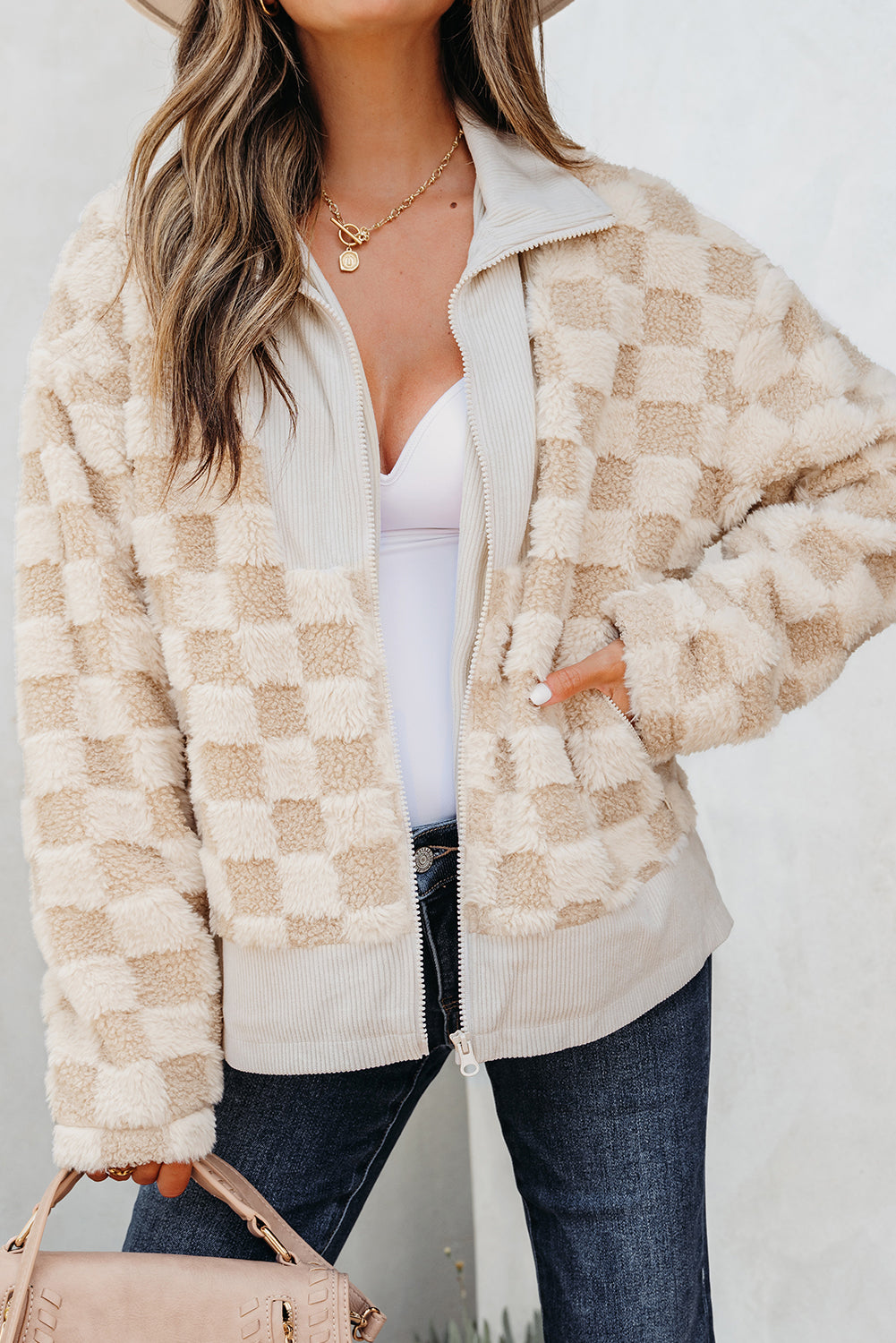 Khaki Checker Sherpa Jacket