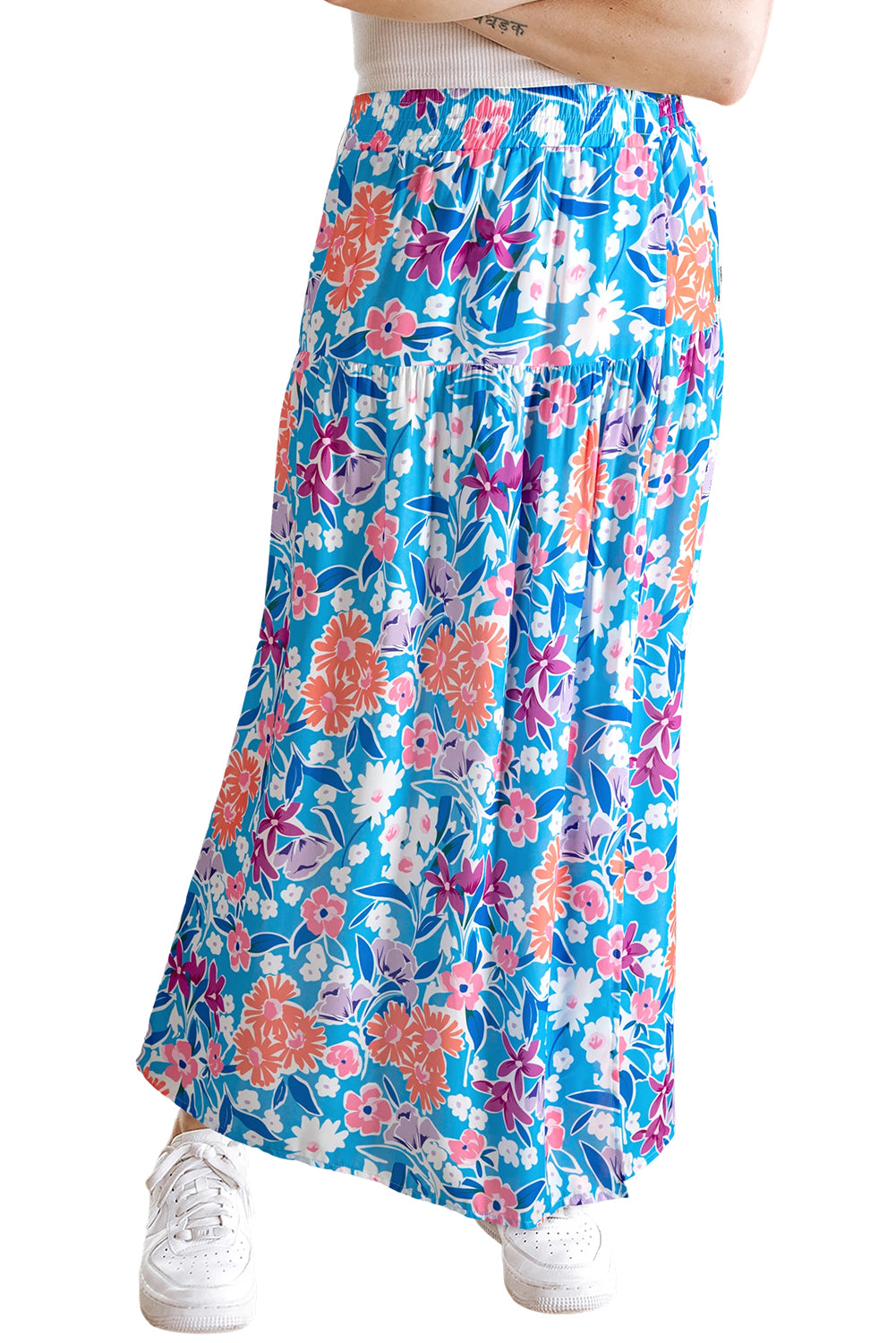Sky Blue Floral Wrap Long Skirt