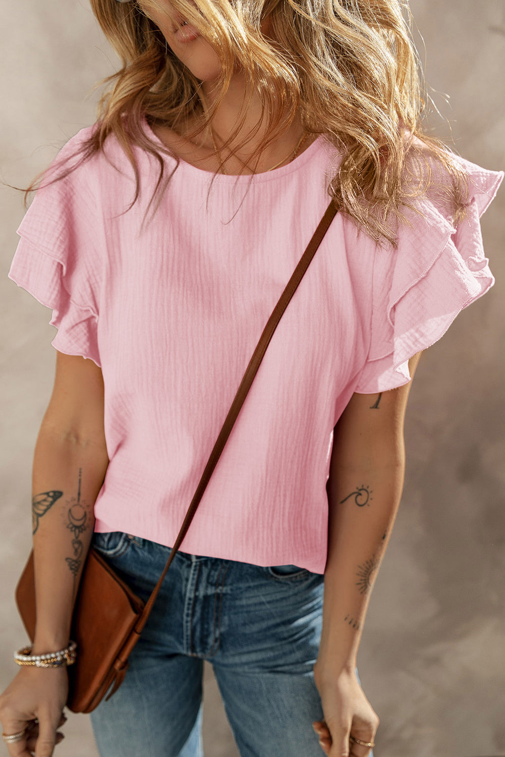 Light Pink Ruffle Sleeve Blouse