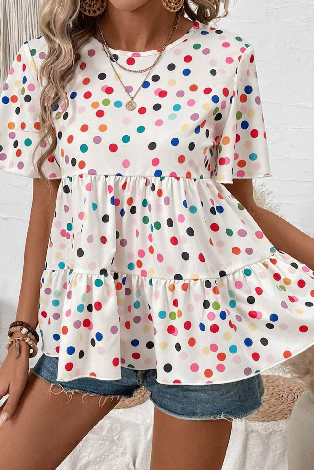 White Colorful Polka Dot Babydoll Blouse