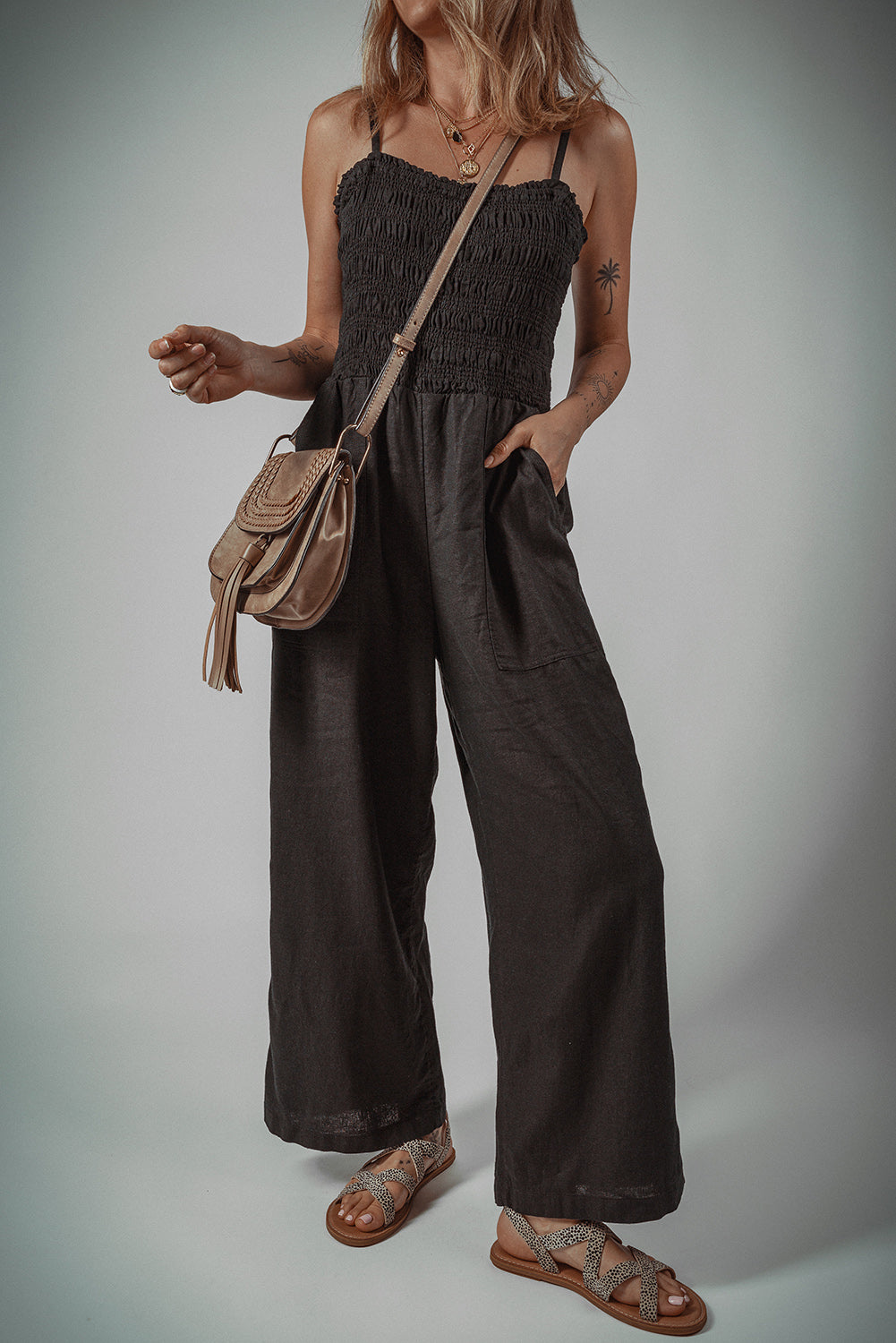 Black Spaghetti Straps Wide Leg Jumpsuit
